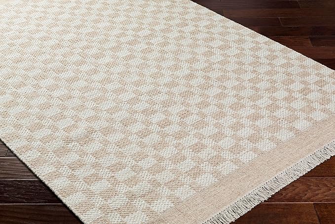 Mark&Day Wool Rugs, 4x6 Clinten Solid and Border Tan Checkered Rug, Tan Ivory Carpet for Living Room, Bedroom or Kitchen (3'6" x 5'6")