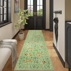DUKINO 2x10 Rug for Hallway, Washable Kitchen Runner Rug with Non Slip Backing, Soft Low Pile Vintage Animal Runner for Bedroom, Kitchen, Hallway, Entryway, Laundry, Light Green