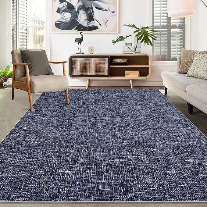 RUGSREAL 8x10 Washable Rug for Living Room Non-Slip Modern Abstract Area Rug Stain Resistant Large Bedroom Rug Contemporary Accent Throw Floor Carpet Solid Rug for Dining Room Home Decor, Blue