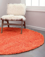 Unique Loom Solid Shag Collection Area Rug (6' 1" Round, Tiger Orange)