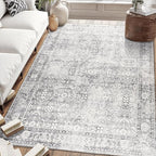 ReaLife Rugs Machine Washable Area Rug - Living Room Bedroom Bathroom Kitchen Entryway Office - Padded Low Pile Stain Resistant Premium - Boho Farmhouse Vintage - Noor - Silver Ivory 5' x 7'