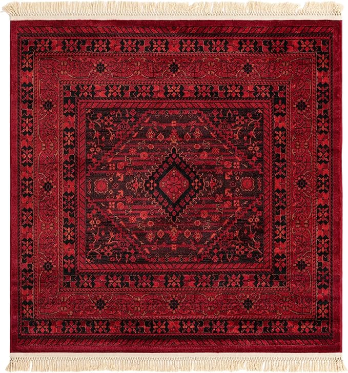 Unique Loom Tekke Collection Area Rug - Sheibani (5' 3" Square, Red/ Black)