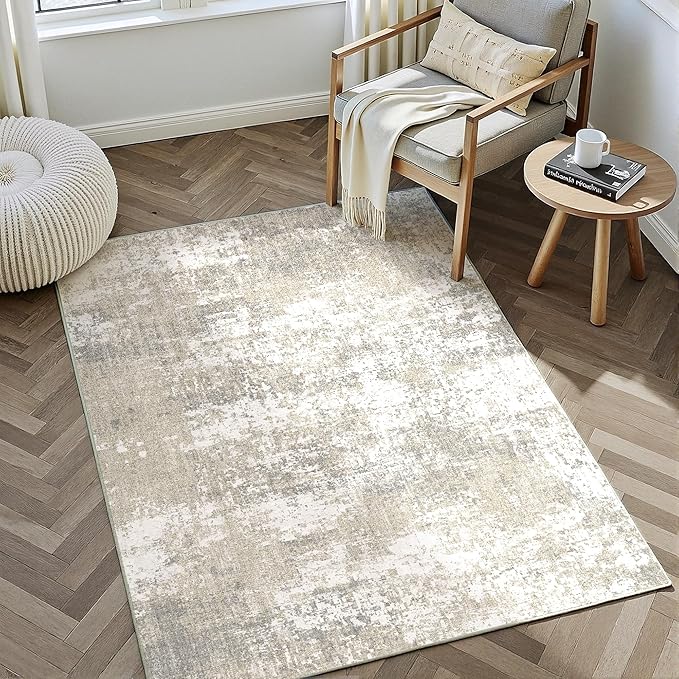 Modern Abstract Beige Gray Area Rug 5x7 Machine Washable Large Carpet Neutral Kitchen Indoor Accent Throw Low Pile Non Slip Distressed Living Dining Room Bedroom Office