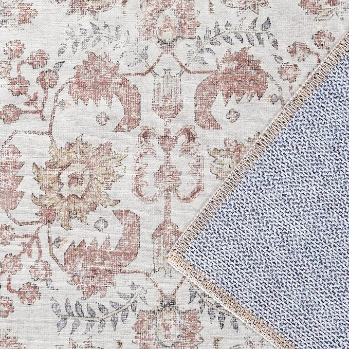 jinchan Kalen Area Rug 3x5 Washable Entryway Rug Vintage Door Mat Indoor Entrance Thin Retro Distressed Floral Doormat Country Boho Lightweight Non Slip Carpet for Bathroom Kitchen Bedroom Red Multi