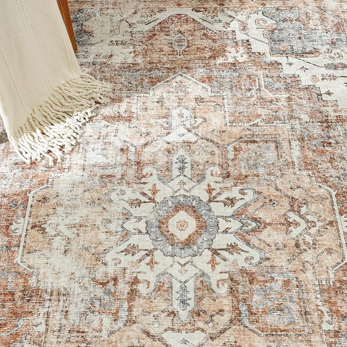 JINCHAN Area Rug 8x10 Washable Living Room Rug Vintage Indoor Large Floor Cover Distressed Lightweight Non-Slip Low Pile Thin Mat Accent Stain Resistant Carpet for Bedroom Dining Room Office Brick Red
