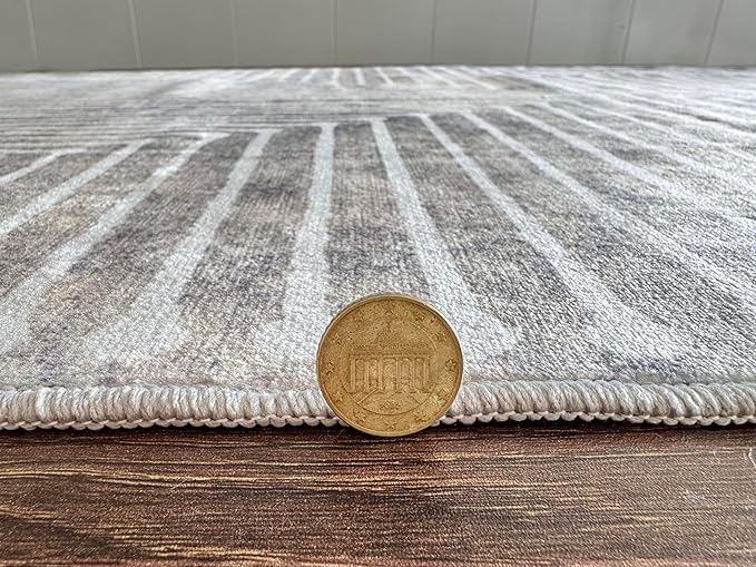 GLN Rugs Contemporary Collection - Machine Washable Area Rug, Contemporary Washable, Non Slip, Low Pile Chenille Rug, Living Room, Bedroom, Kitchen Rug (8' x 10' Lines Cream)