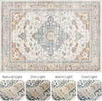 7x10 Area Rug Living Room: Washable Boho Large Neutral Vintage Soft Rug Stain Resistant Distressed Farmhouse Non-Slip Indoor Floor Carpet for Bedroom Nursery Kids Office Dining Room- Beige Blue