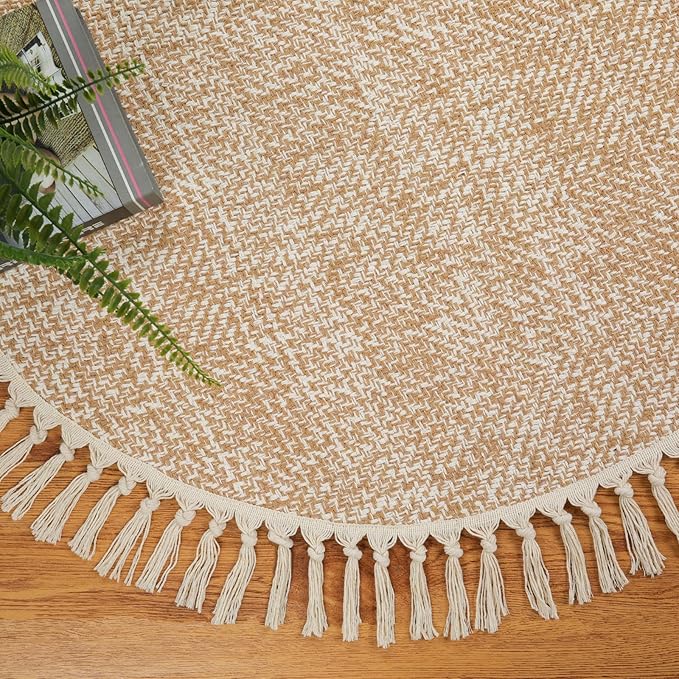 Collive Hand Woven Round Area Rug Soft Cotton Machine Washable Carpet 3ft Farmhouse Rugs with Tassels, Tan/Cream Circle Rugs for Bedroom Living Room Dining Room Table Office