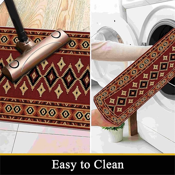 Burgundy Diamond Runner Rug, 4x10ft Hallway Runner Rugs - Corridor & Foyer Area Rugs, Non-Slip Mat Durable Rug, Washable Flannel Material, Southwestern Geometric Home Decor Carpet