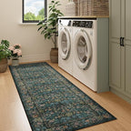 DUKINO 2.6x8 Runner Rug for Hallway, Washable Vintage Floral Kitchen Rug with Non Slip Backing, Soft Low Pile Throw Carpet Runner for Kitchen, Laundry, Hallway, Bathroom, Blue