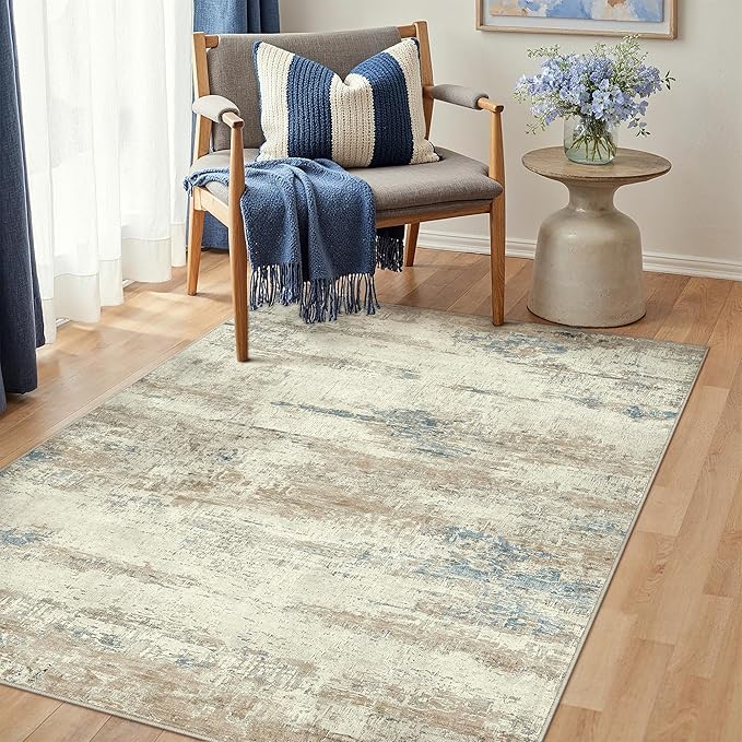3x5 Area Rug Washable Beige Brown Abstract Office Carpet Modern Neutral Non Slip Soft Low Pile Indoor Entry Contemporary Aesthetic Door Mat Bedroom Throw Rug for Kitchen Laundry Dining Room