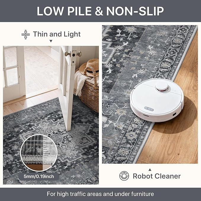 Area Rug 2x3 Doormat, Machine Washable Low Pile Rugs, Small Retro Entryway Mat for Entrance, Hallway, Kitchen and Corridor, Dark Gray
