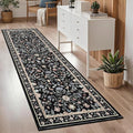 GarveeHome Washable Runner Rug 2.5 x 8 Non-Slip Non-Shedding Soft Vintage Bedside Low Pile Farmhouse Floral Carpet, Indoor Foldable Printed Entryway Rug for Hallway Kitchen, Black