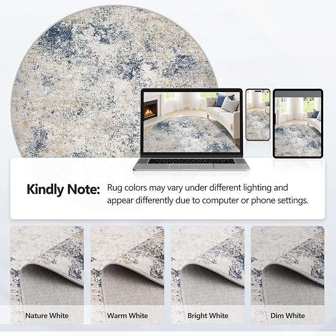 8ft Washable Round Rug - 8x8 Area Rugs Modern Abstract Rugs for Living Room Non-Slip Low Pile Soft Machine Washable Carpet for Bedroom, Living Room, Dining Room, Nursery, Farmhouse (8'x8' Beige Blue)