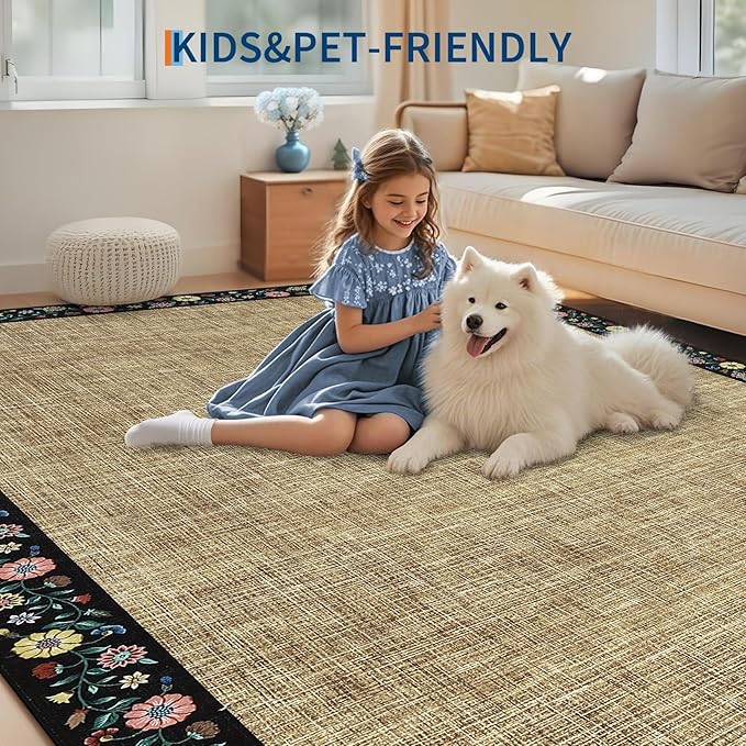 GarveeHome 10x13 Machine Washable Rugs for Living Room Large Area Rug Modern Floral Indoor Accent Carpet Low Pile Carpet Soft Throw Aesthetic Floor Cover for Bedroom Laundry Dining Room, Yellow