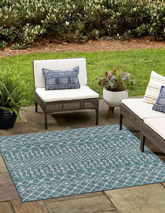 Unique Loom Outdoor Trellis Collection Area Rug - Tribal Trellis (13' Square, Teal/ Ivory)