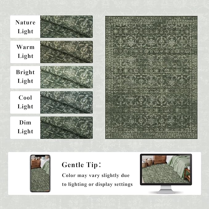 Washable Area Rug 9x12 Green Rugs for Living Room, Vintage Boho Large Rug for Bedroom Dining Room Office, Distressed Floral Print Carpet for Under Table, Soft Non Slip Low Pile Throw Carpet Indoor Mat