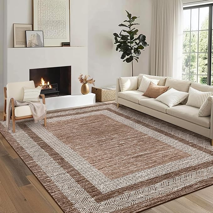 GarveeHome Large Washable Rug 9x12 Modern Geometric Non Slip Distressed Bordered Printed Rug, Soft Non Shedding Indoor Carpet, Low Pile Thin Foldable Mats for Open Spaces Offices, Brown