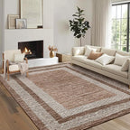 GarveeHome Large Washable Rug 9x12 Modern Geometric Non Slip Distressed Bordered Printed Rug, Soft Non Shedding Indoor Carpet, Low Pile Thin Foldable Mats for Open Spaces Offices, Brown
