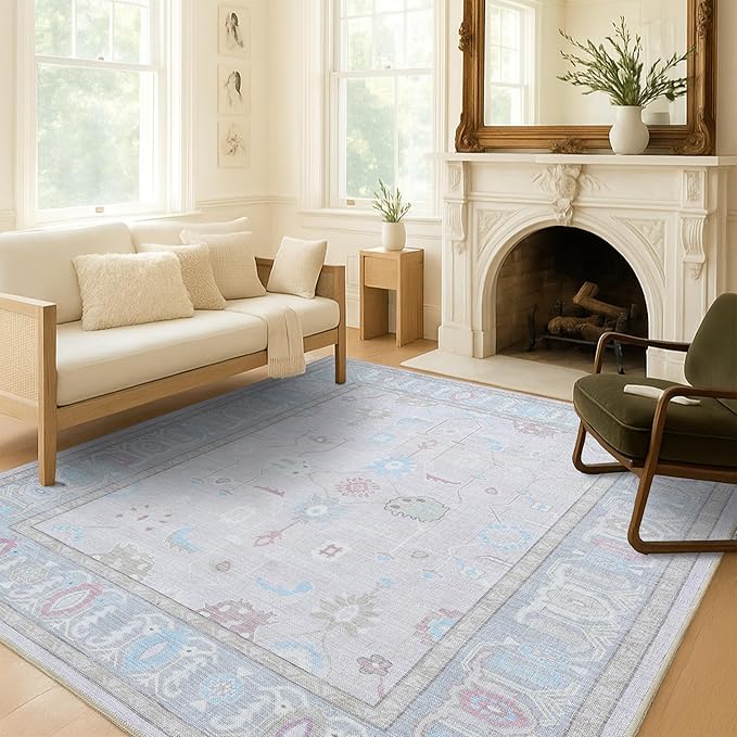 Fame Living Pink Oushak Rug, Modern, Vintage, Turkish, Eclectic, Floral, Pastel, Washable, Area Rugs for Living Room, Dining, Bedroom, Office, Entryway, Foyer, Playroom, Nursery, 5'x6'9"