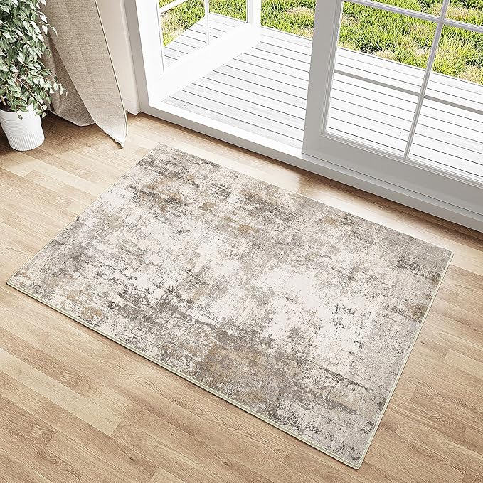 2x3 Washable Area Rug Brown Grey Abstract Entryway Kitchen Throw Rug Neutral Modern Non Slip Soft Low Pile Small Carpet for Bathroom Living Room Bedroom