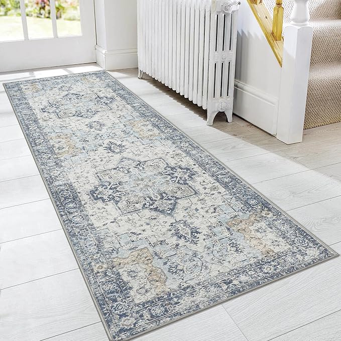 GENIMO Runner Rug 2x6, Machine Washable Runners, Non Slip Vintage Hallway Runner Rugs, Low Pile Lightweight Mat for Entryway, Hallway, Kitchen and Corridor, Blue