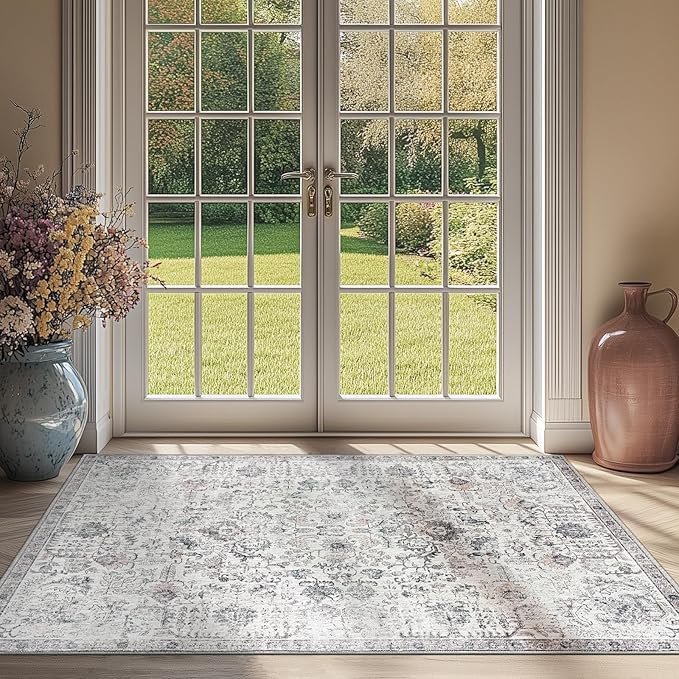 jinchan Kalen Area Rug 3x5 Washable Entryway Rug Vintage Door Mat Indoor Entrance Thin Retro Distressed Gray Floral Doormat Country Boho Lightweight Non Slip Carpet for Bathroom Kitchen Bedroom Grey