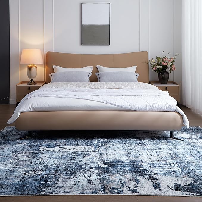 Rugcomf 6x9 Washable Bedroom Boho Rug - Soft, Non-Slip, Non-Shedding Faux Wool Vintage Pattern for Living Room, Farmhouse, Dining Room, Kids Playroom - Blue