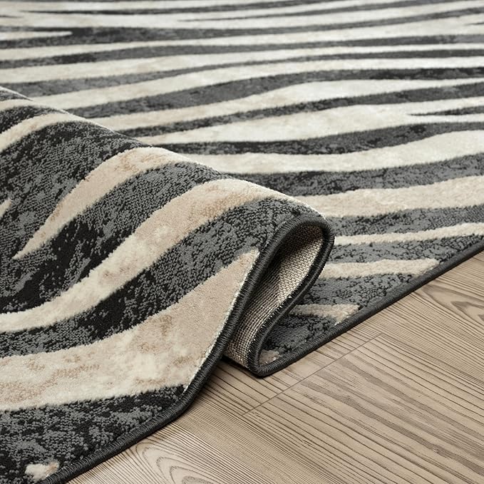 Abani Terra Area Rug for Living Room, Bedroom - Zebra Pattern - Black Cream - 4' x 6' - Durable & Easy to Clean
