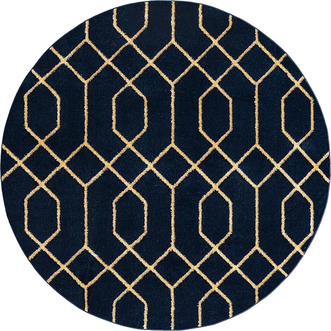 Unique Loom Glam Collection Area Rug - Trellis (3' 3' Round, Navy Blue Gold/ Gold)