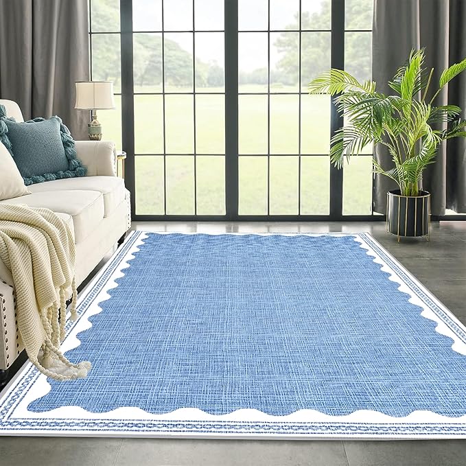 Scalloped Rug 5x7 Solid Blue Washable Non-Slip Rug for Living Room Modern Aesthetic Rugs for Bedroom Kitchen Dining Indoor Entry Entrance Floor