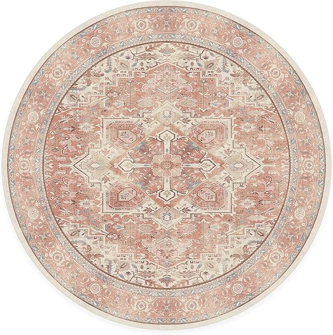 RUGGABLE Washable Area Rug – Kamran Rose Pink 6 ft Round, Stain-Resistant, Non-Slip – Medium Machine Washable Rugs for Living Room, Bedroom, Hallway, Entryway & Office–with Cushioned Pad