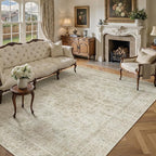 HUGEAR Retro Beige Area Rug 6x9 Machine Washable Living Room Rugs Distressed Vintage Floral Low Pile Carpet Bedroom Office Dining Room Laundry Room Non Slip Soft Lightweight