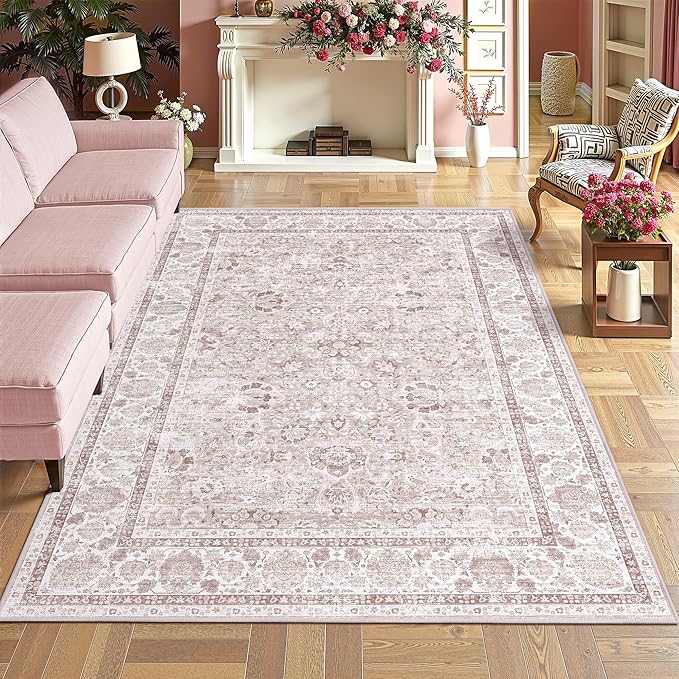 Light Pink 4x6 Rugs for Bedroom Nursery Rug Vintage Aesthetic Cute Boho Floral Washable Area Rug Indoor Carpet for Kids Room Playroom Living Room