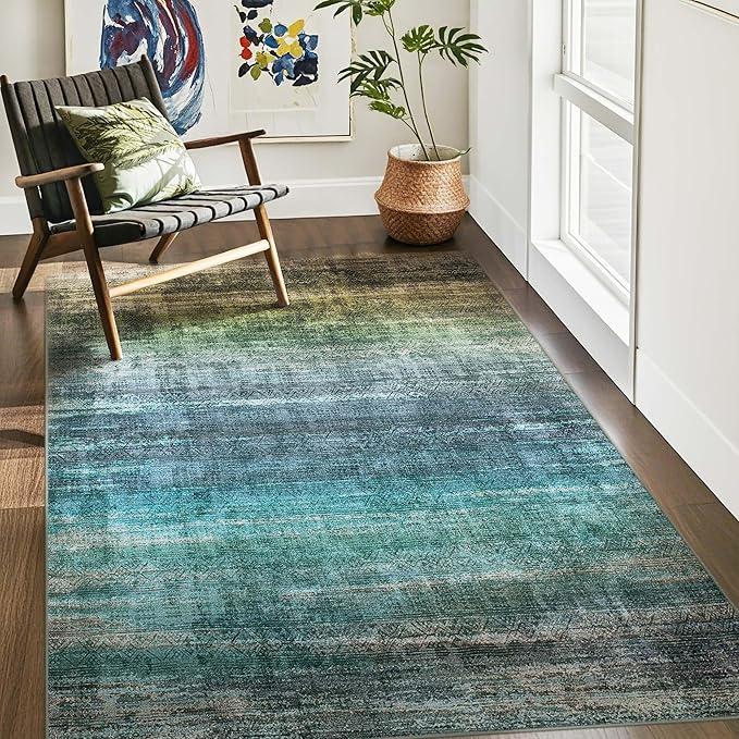 Kokia Abstract Area Rug Living Room 5x7 Colorful Washable Large Rug Bedroom Living Room Under Dining Table Soft Non Slip Stain Resistant Blue Carpet Room Decor, Oslo Teal