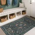 Vintage Large Entryway Rugs Indoor, 3x5 Washable Blue and Green Floral Rugs for Kitchen Floor, Bedroom Beside Bed, Non-Slip & Low Pile Stain Resistant Laundry Carpet with Plant & Bird Pattern