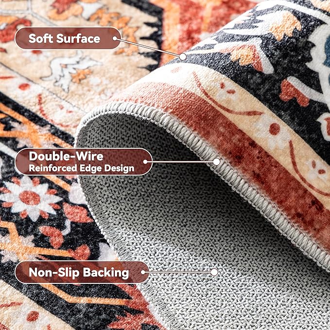 EnHomee 4x6 Washable Area Rugs for Bedroom, Boho Vintage Rugs, Foldable Area Rug for Dining Room, Non-Slip Soft Living Room Rug, Low Pile Large Carpet for Bathroom, Red