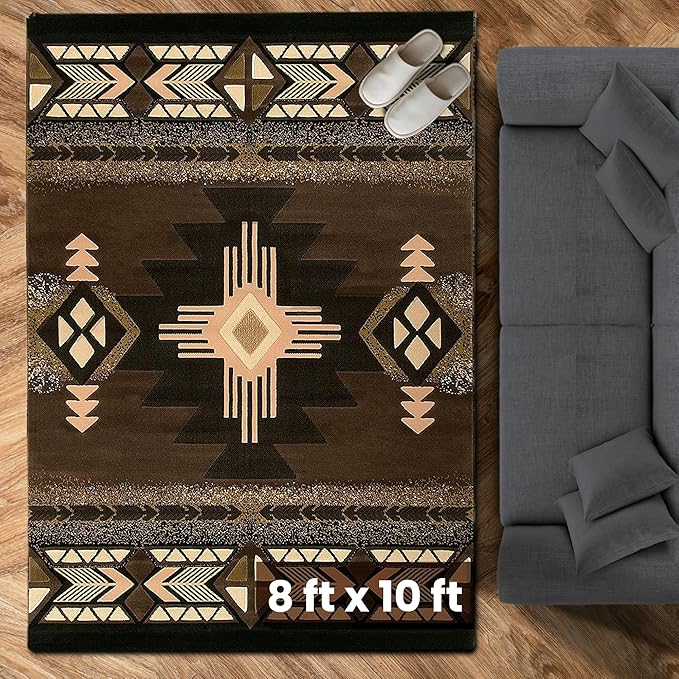 YHSF South West Native American Area Rug C318 - Easy Clean, Thick, Soft, Durable Native Tribal American Indian Inspired Rug for Bedroom/Living Room and More - Chocolate Brown, 8 Feet x 10 Feet