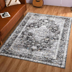 5x7 Washable Rug – Boho Non-Slip Indoor Area Rug for Living Room, Bedroom, Dining Room, Entryway – Charcoal Grey and Ivory with Blue Highlights
