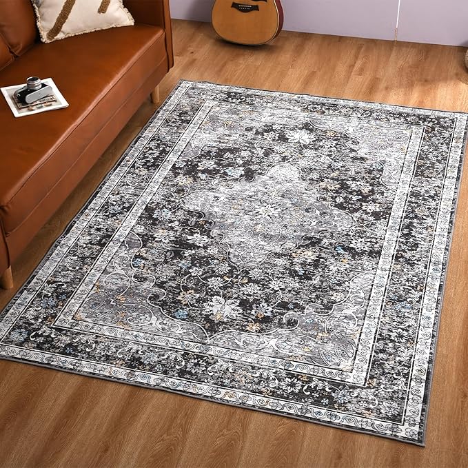 Area Rug – 6x9 Washable Ultra-Soft Vintage Boho Faux Wool Carpet for Living Room, Dining Room, Bedroom, Home Office (Dark Grey)