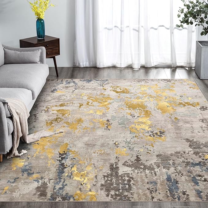 vivorug Washable Rug, Ultra Soft Area Rug 4x6, Non Slip Abstract Small Rug, Stain Resistant Rugs for Living Room Bedroom, Modern Fluffy (Grey/Mustard, 4'x6')