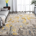 vivorug 9x12 Area Rugs for Living Room, Non Slip Machine Washable Modern Abstract Rug, Ultra-Thin Lightweight Large Area Rug Carpet for Bedroom, Dining Room, Low Pile Grey/Mustard