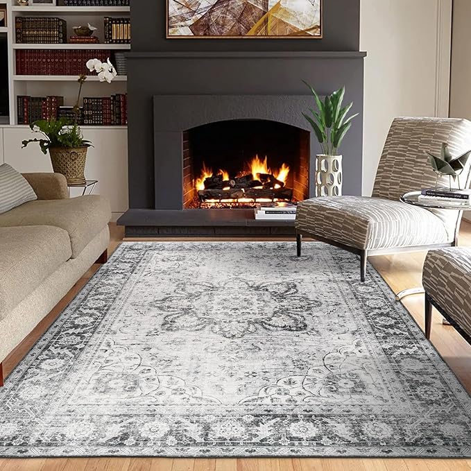ReaLife Rugs Machine Washable Area Rug Runner - Living Room Bedroom Bathroom Kitchen Entryway Office - Padded Low Pile Stain Resistant Premium - Boho Farmhouse Vintage - Joy - Gray 3' x 5'