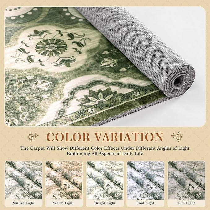EnHomee Area Rugs 3x5, Soft Washable Rugs for Living Room Bedroom, Boho Non Slip Low Pile Stain Resistant Washable Rug Large Carpet for Dining Room,Easy to Clean Living Room Rug, Green