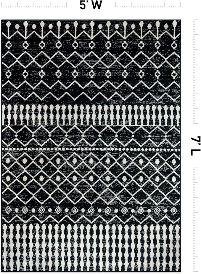 Rugshop Boho Black and White Tribal Area Rug – Geometric Diamond and Stripe Pattern Carpet for Living Room, Bedroom, or Entryway – Soft Modern Bohemian Floor Décor 5' x 7' Black