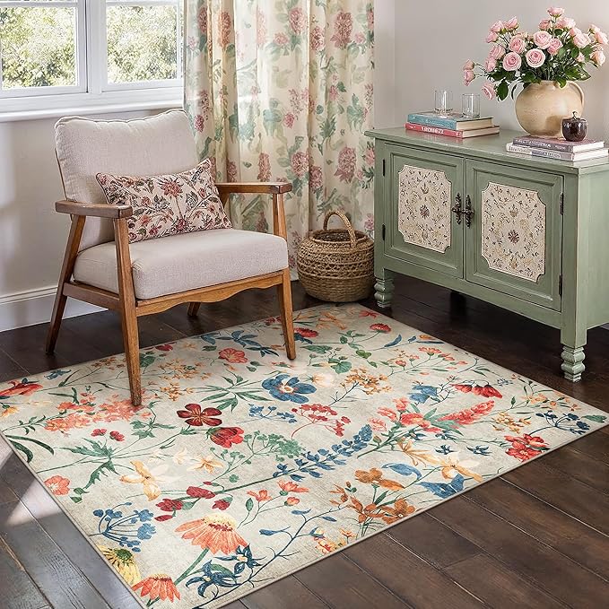 Beige Area Rug 3x5 Office Floral Boho Door Mat Indoor Washable Kitchen Carpet Non Slip Bedroom Low Pile Lightweight Soft Throw Rug for Living Dining Room Bathroom