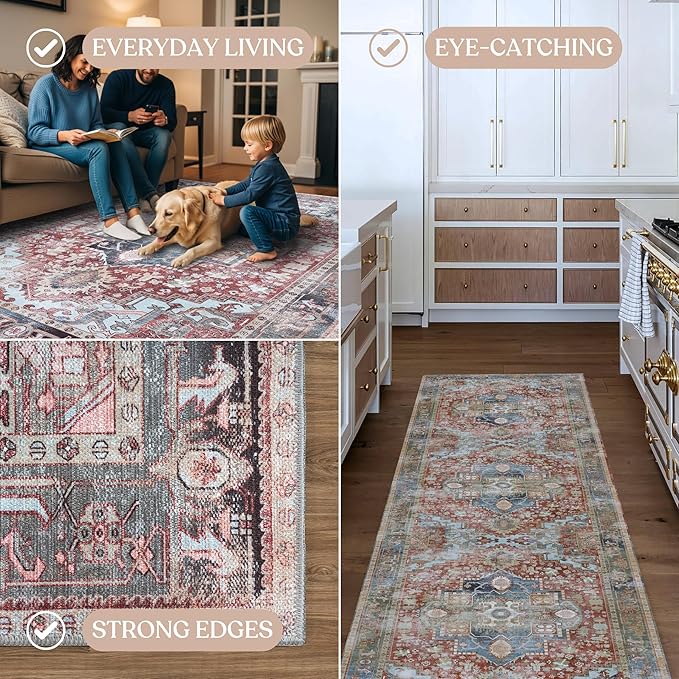 Washable Area Rug. Modern Farmhouse. Vintage. Turkish. Bohemian. Distressed. Oriental. Traditional. Rugs for Living Room. Dining. Bedroom. Office. Entryway. Foyer. (858RM, 2'5 x 9'8)