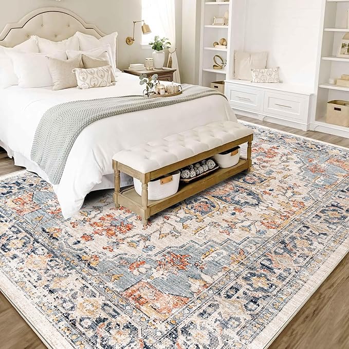 Enkor Area Soft Rugs 8x10 Washable Non Slip Boho Floor Rugs for Living Room Bedroom, Vintage Style Farmhouse Mat for Kitchen Entryway Orange & Black