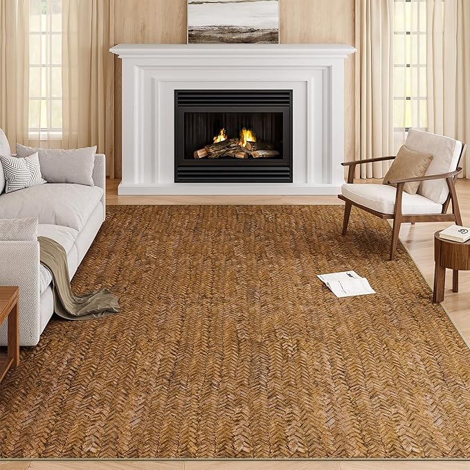 Eleisa Modern Vintage 6x9 Herringbone Chevron Area Rug for Living Room, Brown, Non-Slip Stain Resistant Washable Rug, Farmhouse Home Decor Carpet for Bedroom, Kitchen, Dining Room