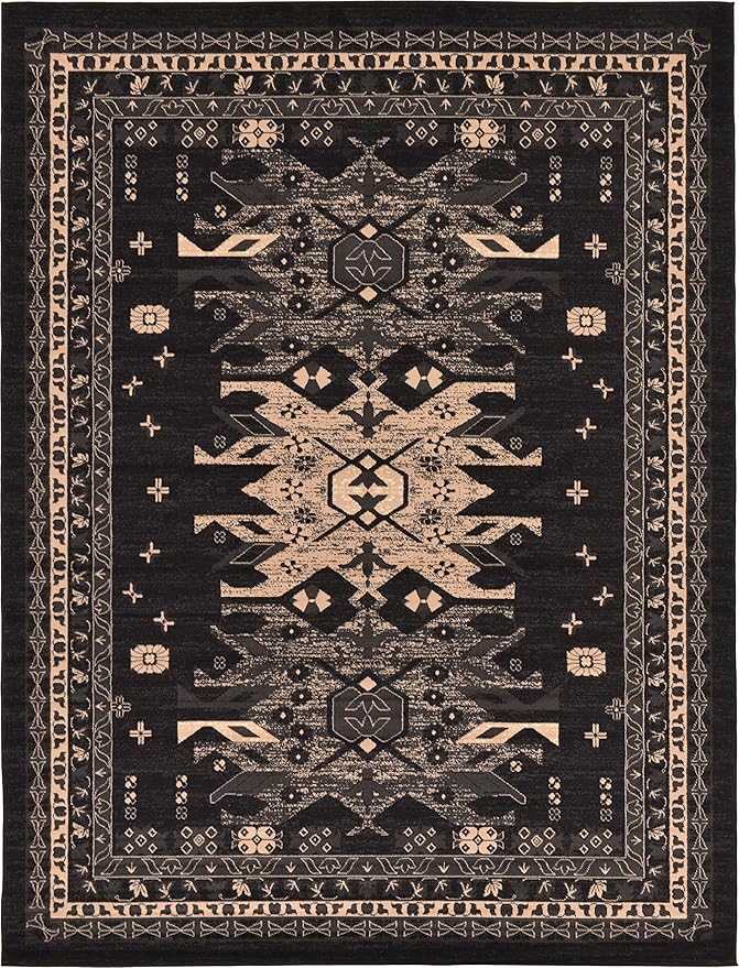 Unique Loom Taftan Collection Border Geometric Tribal Inspired Design Area Rug (7' 0 x 10' 0 Rectangular, Black/ Gray)